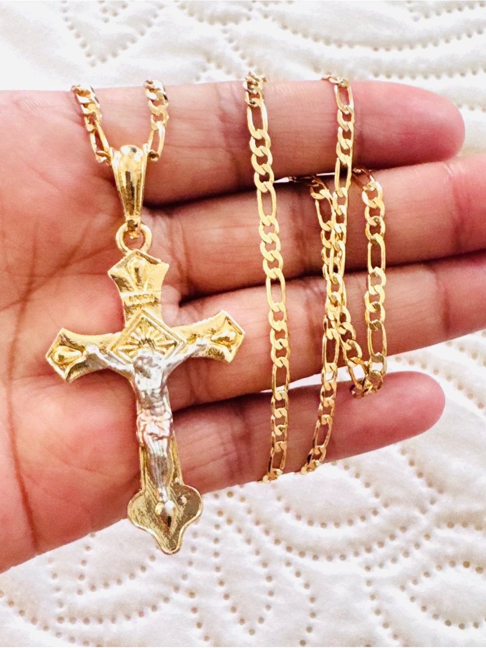 14K Gold Plated Three Tone Crucifix Pendant Necklace - Women Jewelry